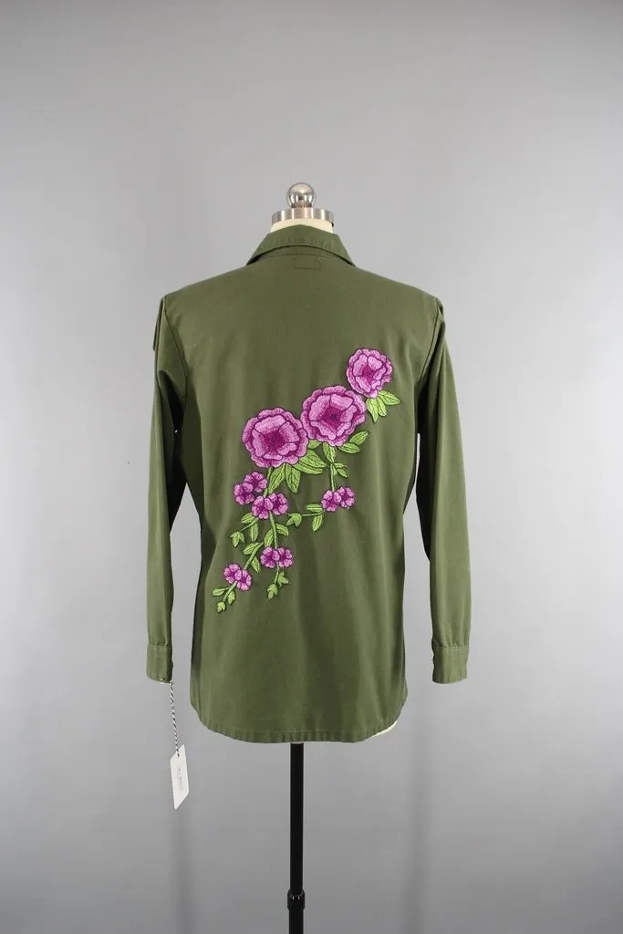 1970s Vintage Embroidered US Army Jacket with Purple Floral Embroidery