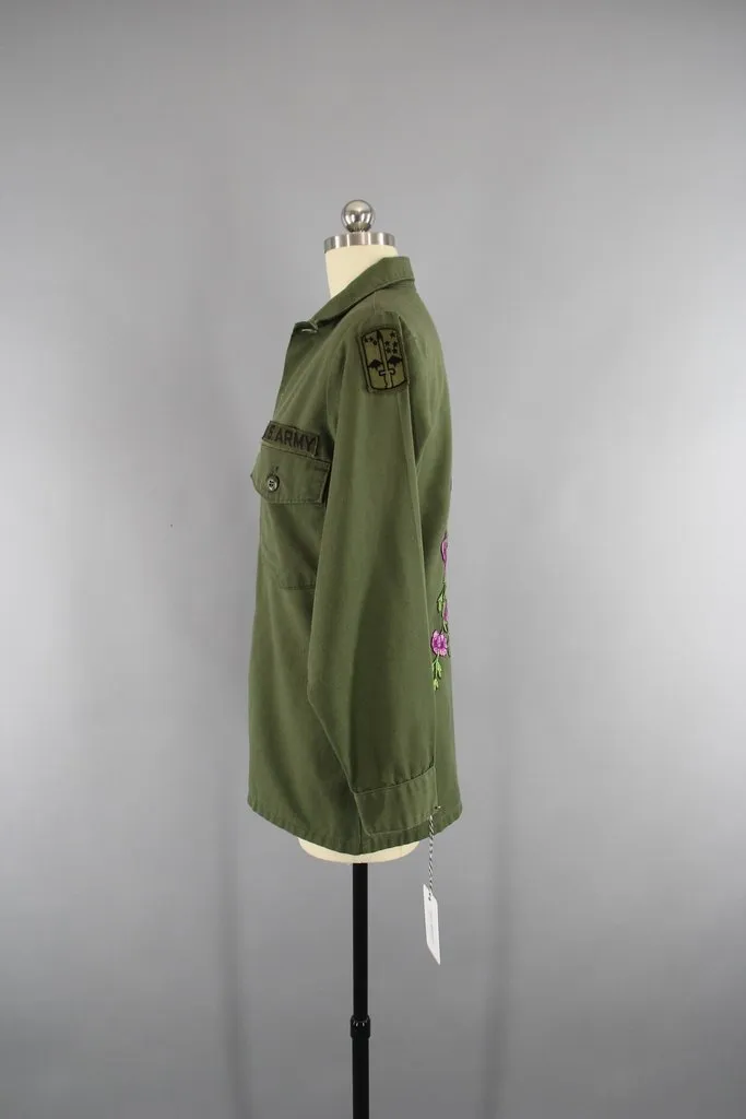 1970s Vintage Embroidered US Army Jacket with Purple Floral Embroidery