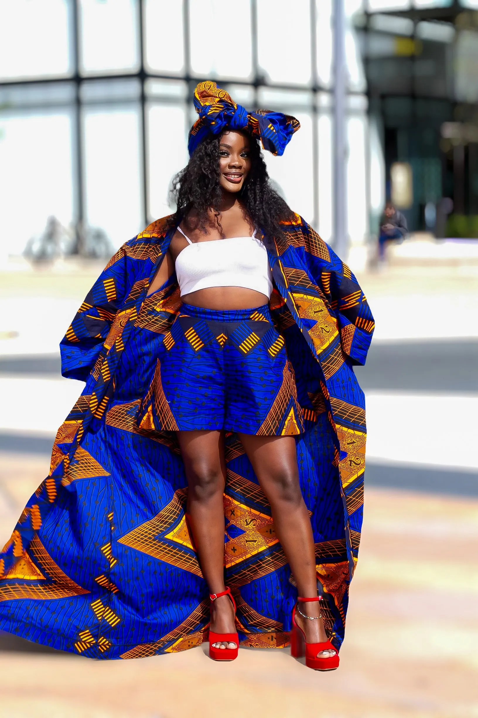 3pcs African Print Maxi Kimono, Shorts and Headwrap Set - Kaye