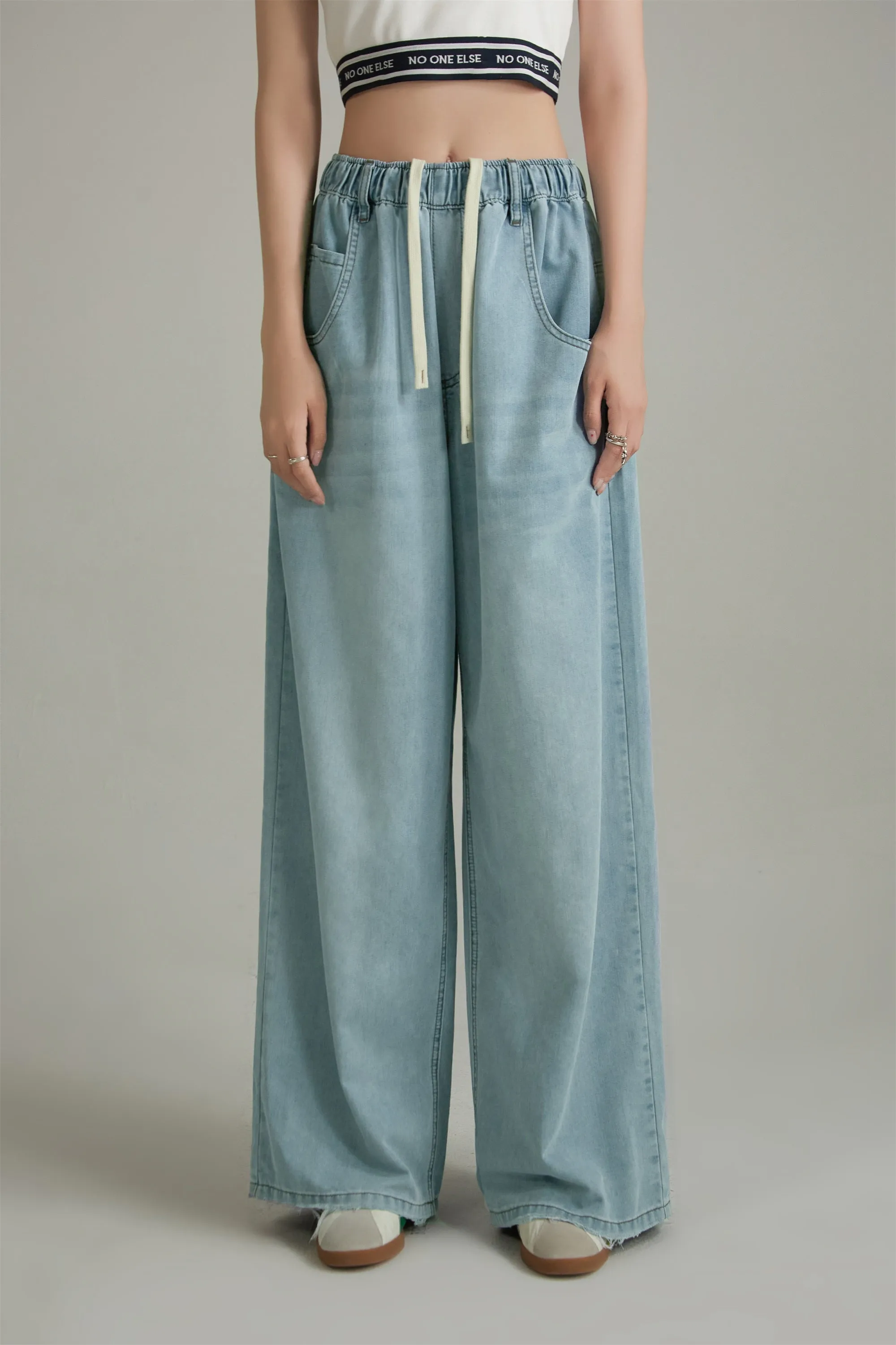 Adjustable Waist Wide-Leg Straight Jeans