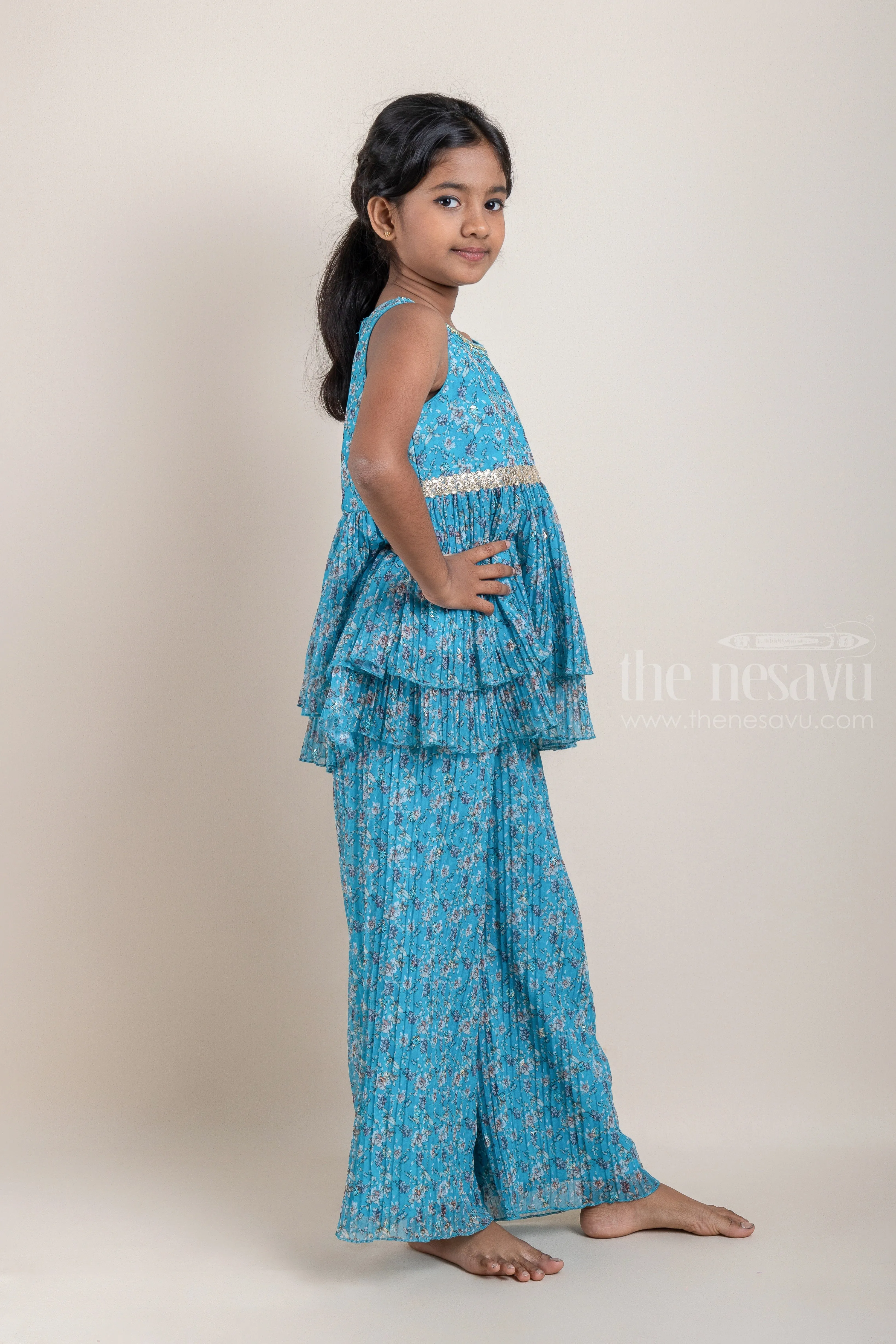 All-Over Floral Printed Layered Peplum Blue Kurti and Palazzo Pant for Girls with Organza Dupatta