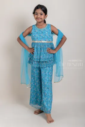 All-Over Floral Printed Layered Peplum Blue Kurti and Palazzo Pant for Girls with Organza Dupatta