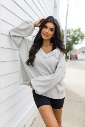 Along The Way Heather Grey Oversized Pocketed Waffle Top