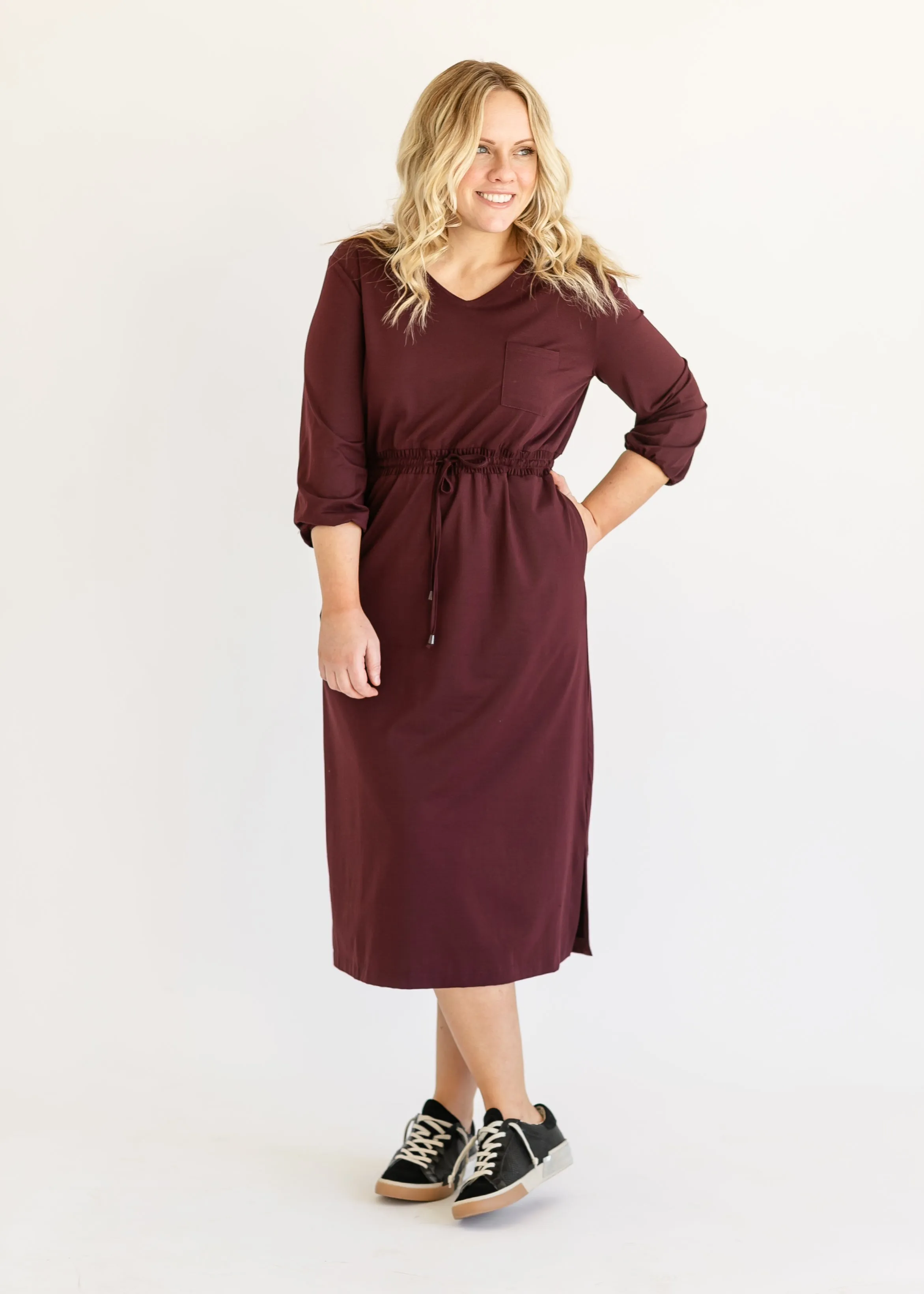 Ashley 3/4 Sleeve Stretch Waist Midi Dress