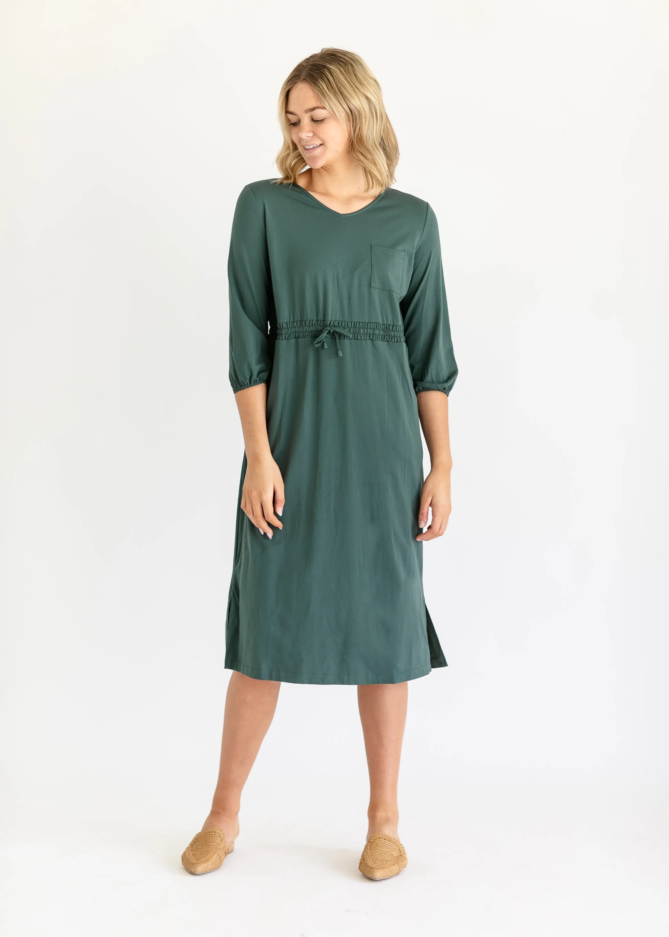 Ashley 3/4 Sleeve Stretch Waist Midi Dress