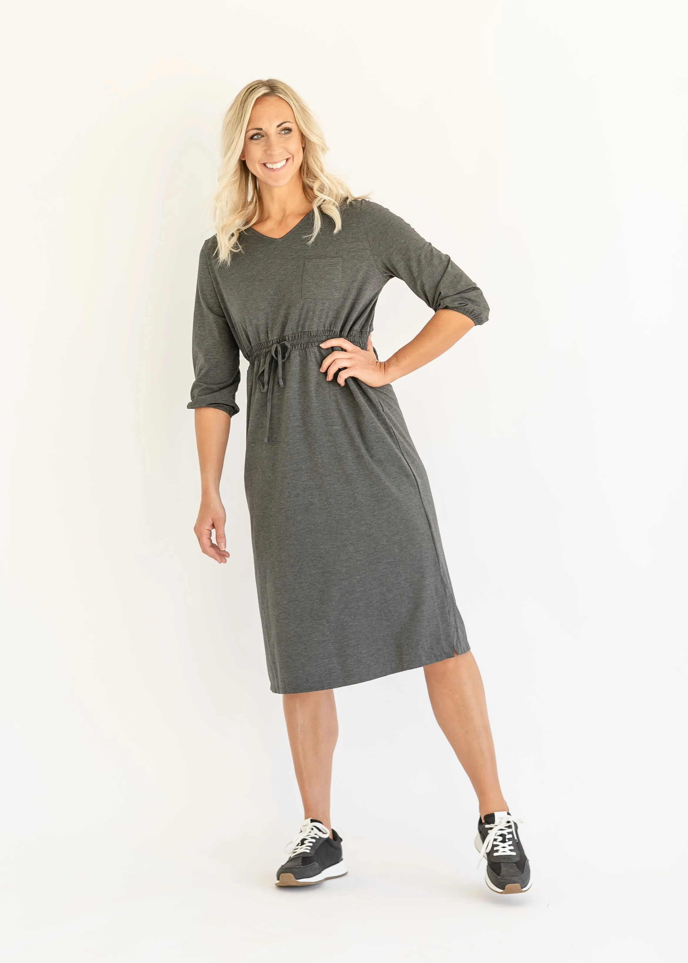 Ashley 3/4 Sleeve Stretch Waist Midi Dress