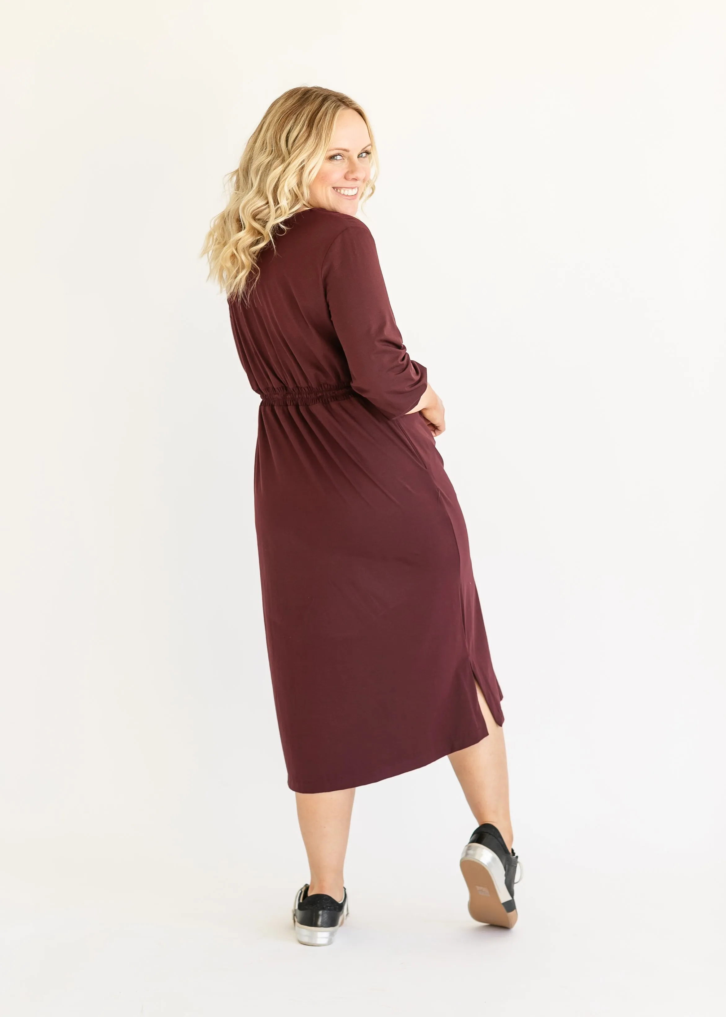 Ashley 3/4 Sleeve Stretch Waist Midi Dress