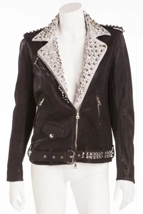 Balmain - Brand New with Tags Black Leather Jacket White Trim w/Silver Studs   Rhinestones - FR 40