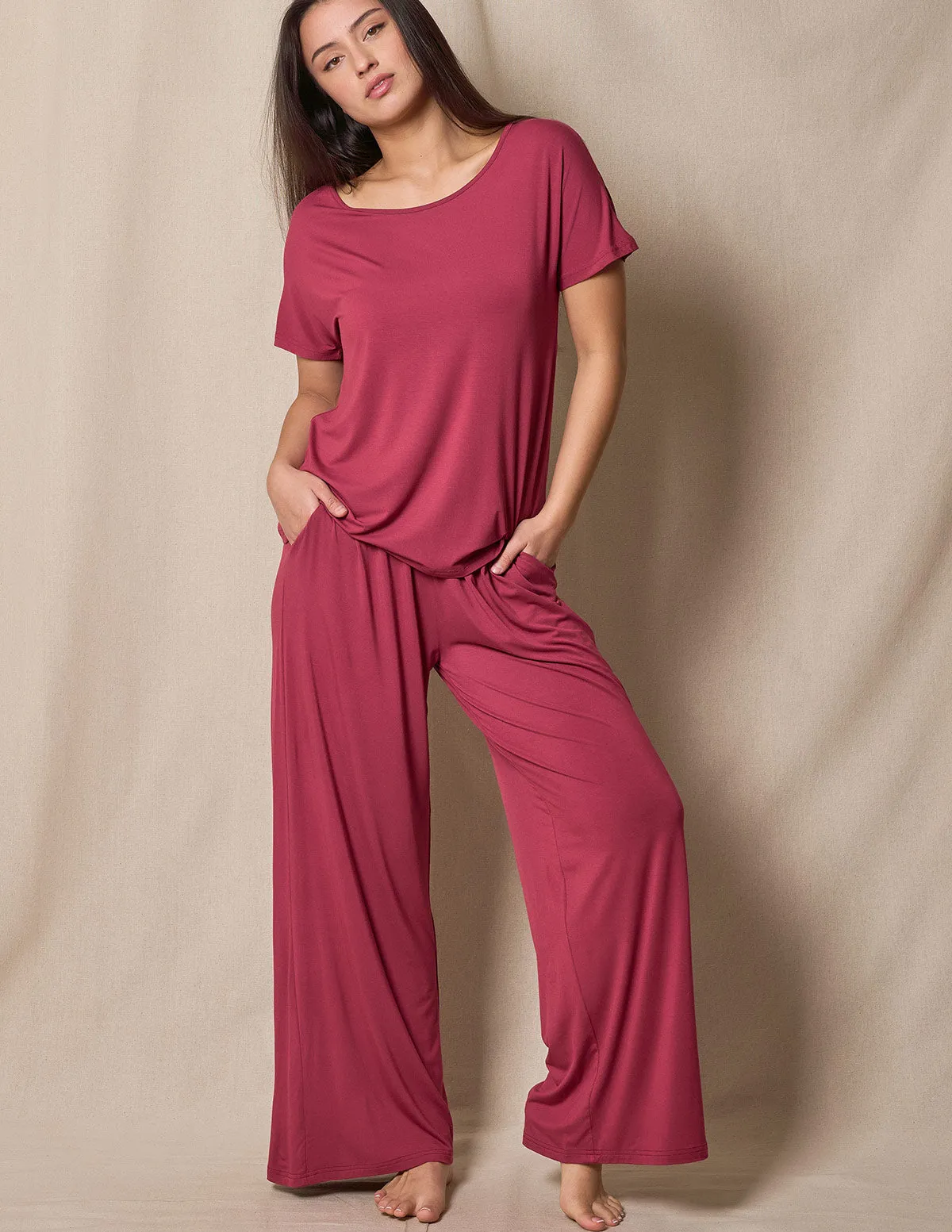 Bamboo Palazzo Lounge Pants - Burgundy Rose