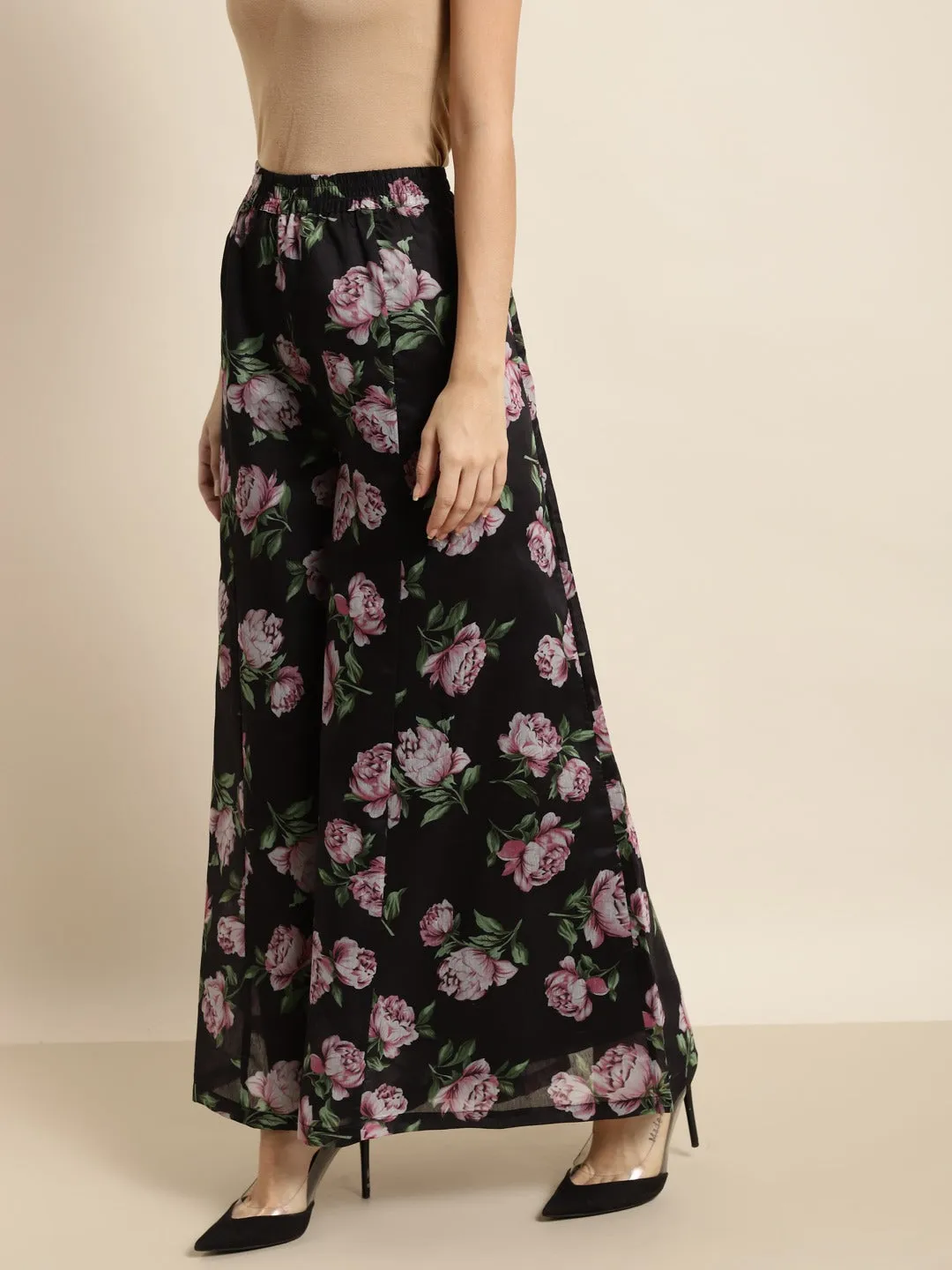 Black & Pink Floral Kali Palazzo Pants