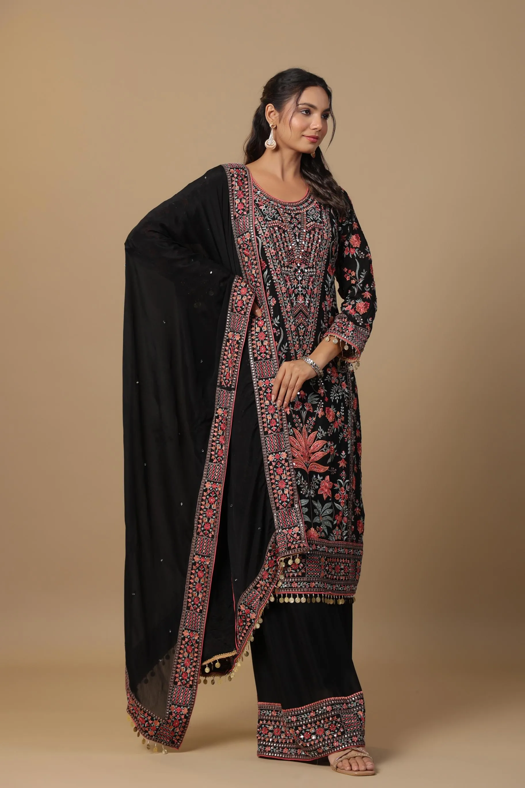 Black Embroidered Premium Georgette Silk Palazzo Set