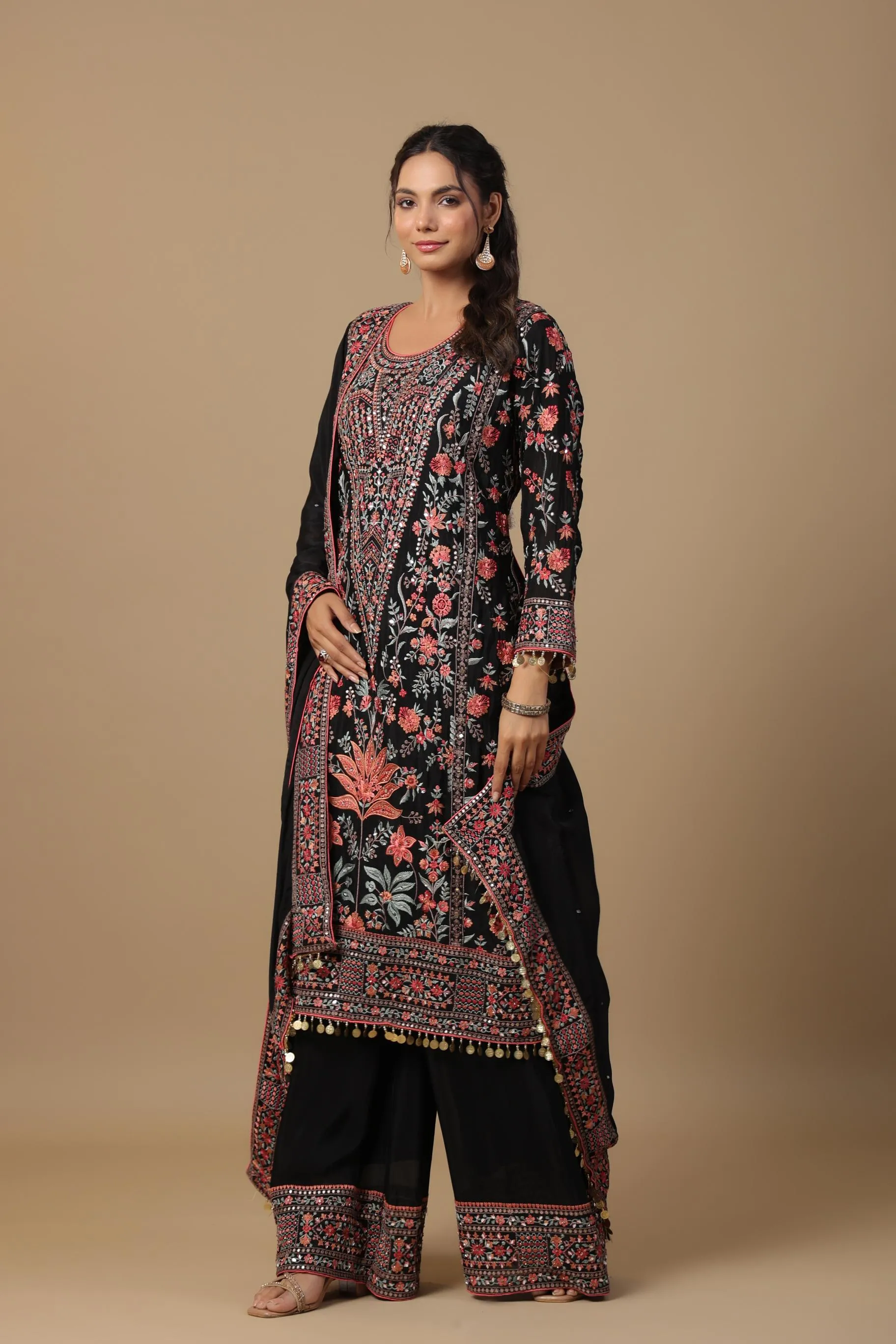 Black Embroidered Premium Georgette Silk Palazzo Set