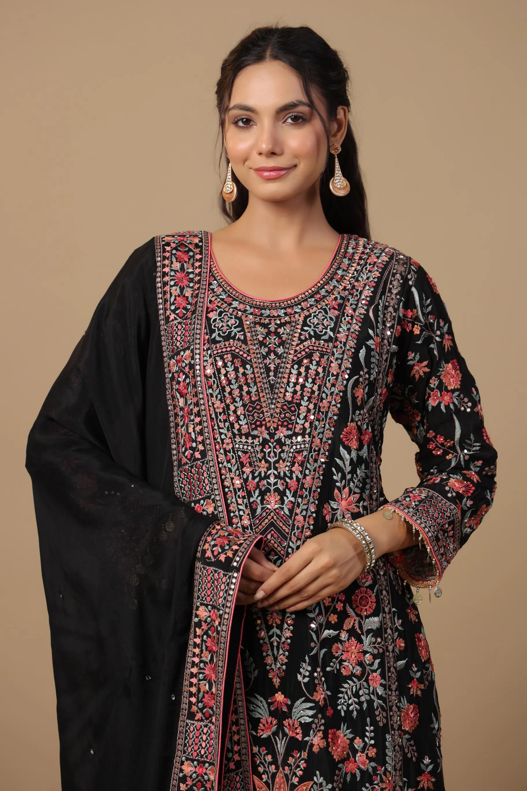 Black Embroidered Premium Georgette Silk Palazzo Set