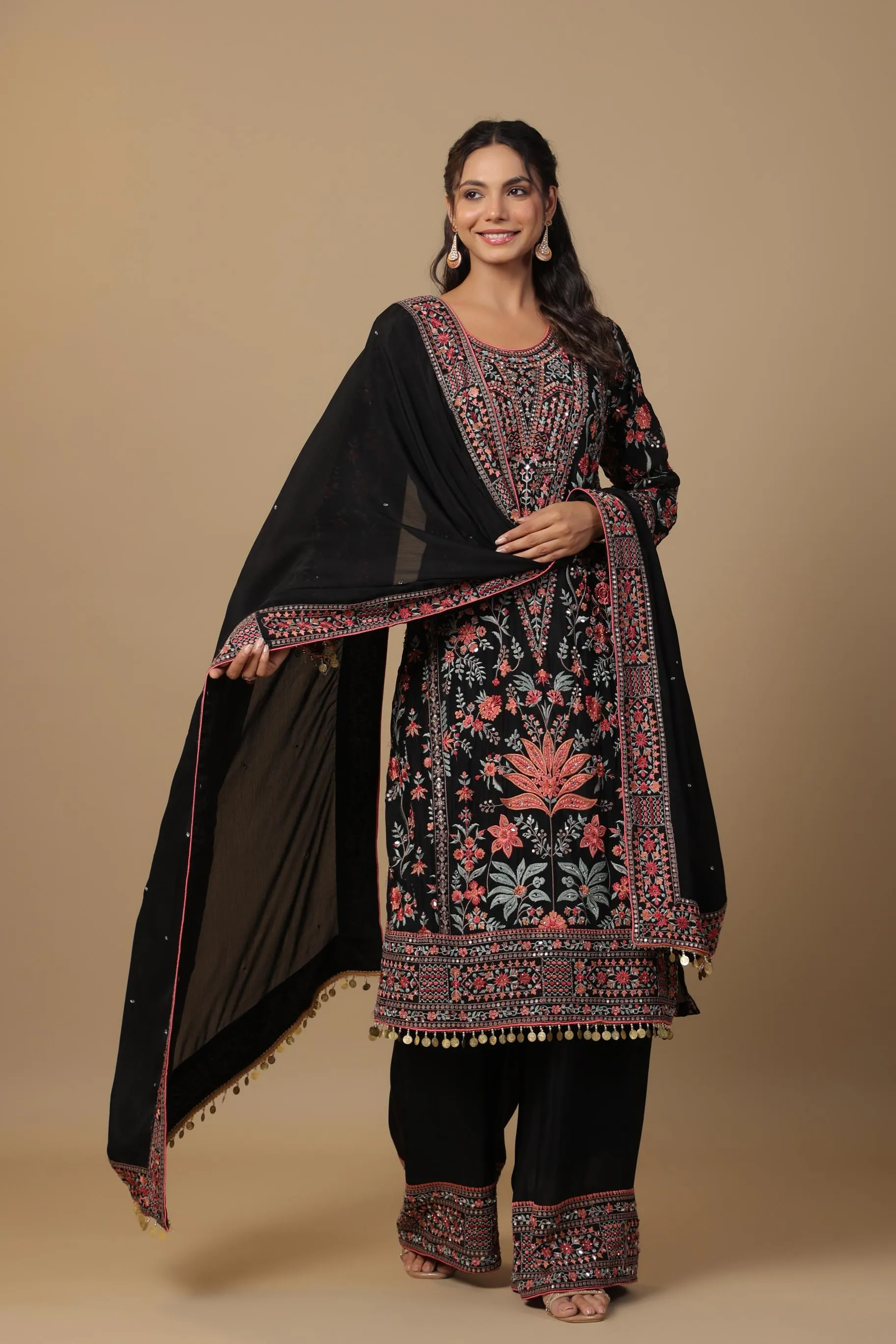 Black Embroidered Premium Georgette Silk Palazzo Set