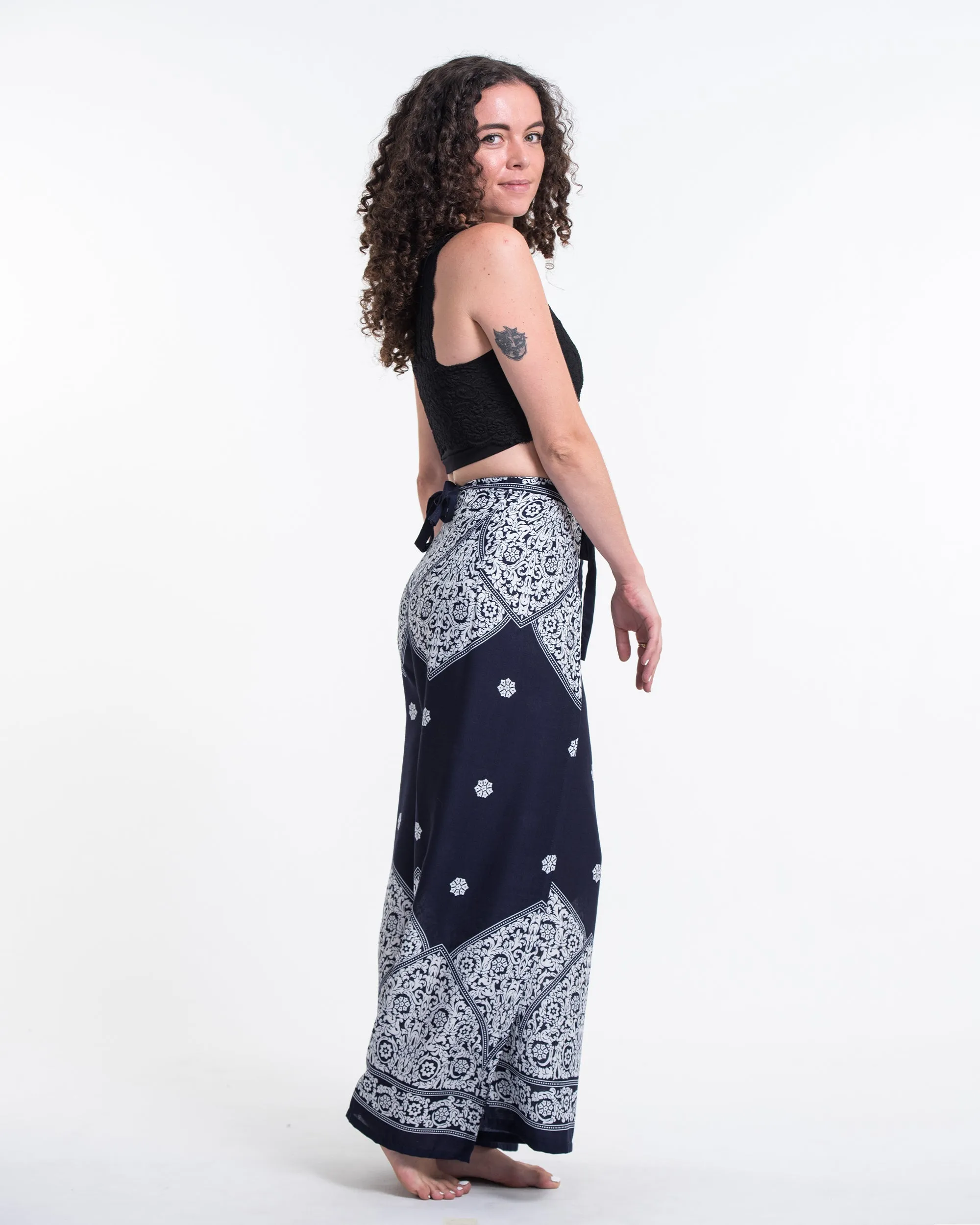 Blooming Vines Wrap Palazzo Style Harem Pants in Navy