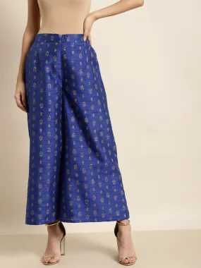 Blue Foil Floral Ankle Length Palazzo Pants