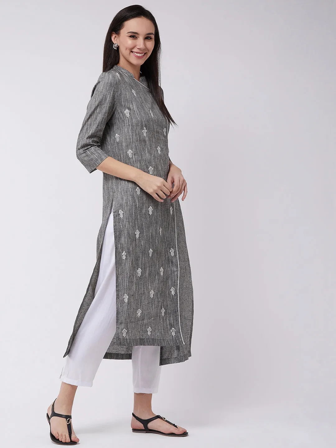 Chambray Embroidered Kurta With Overlap Angarkha Style