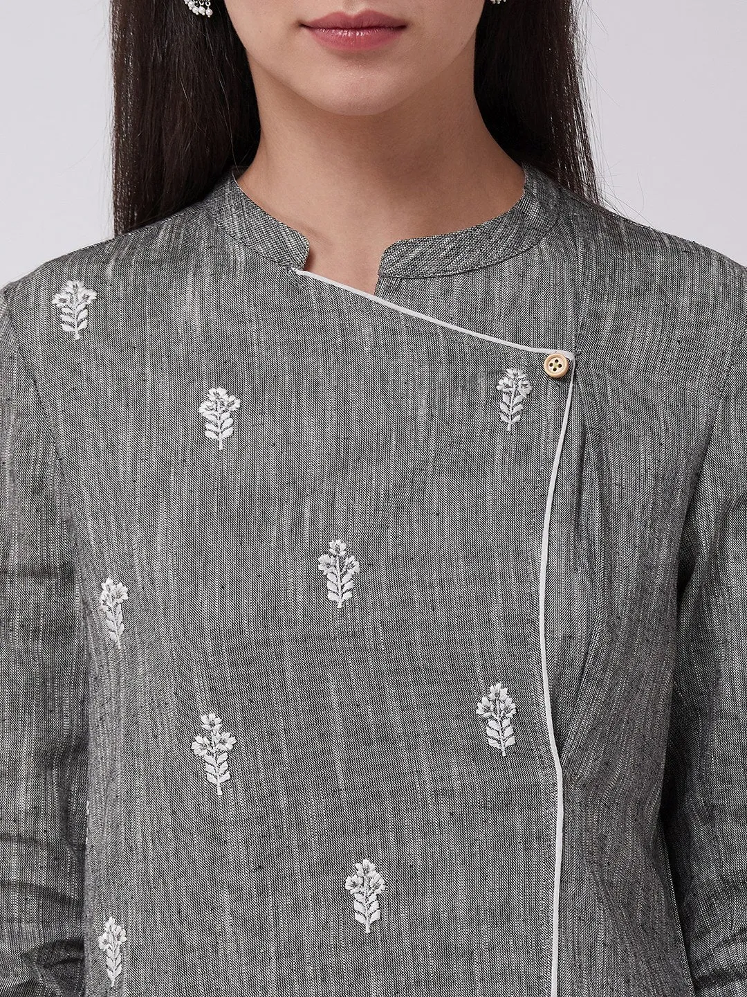 Chambray Embroidered Kurta With Overlap Angarkha Style