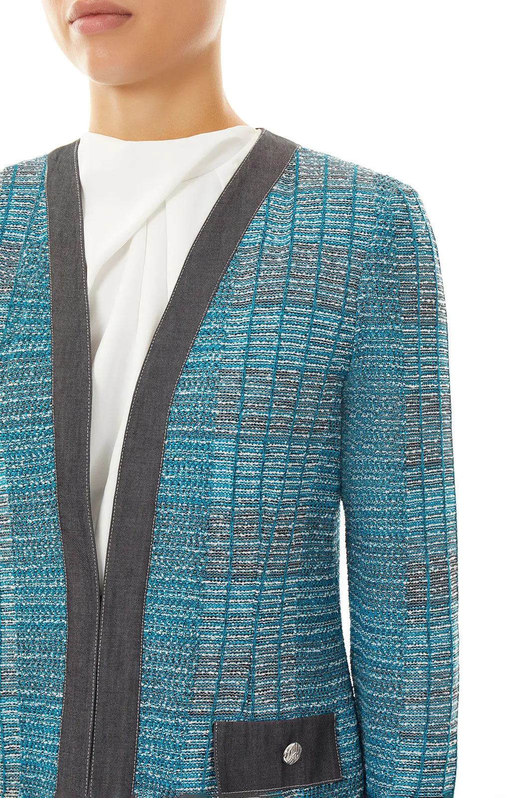 Chambray Trim Tweed Knit Jacket