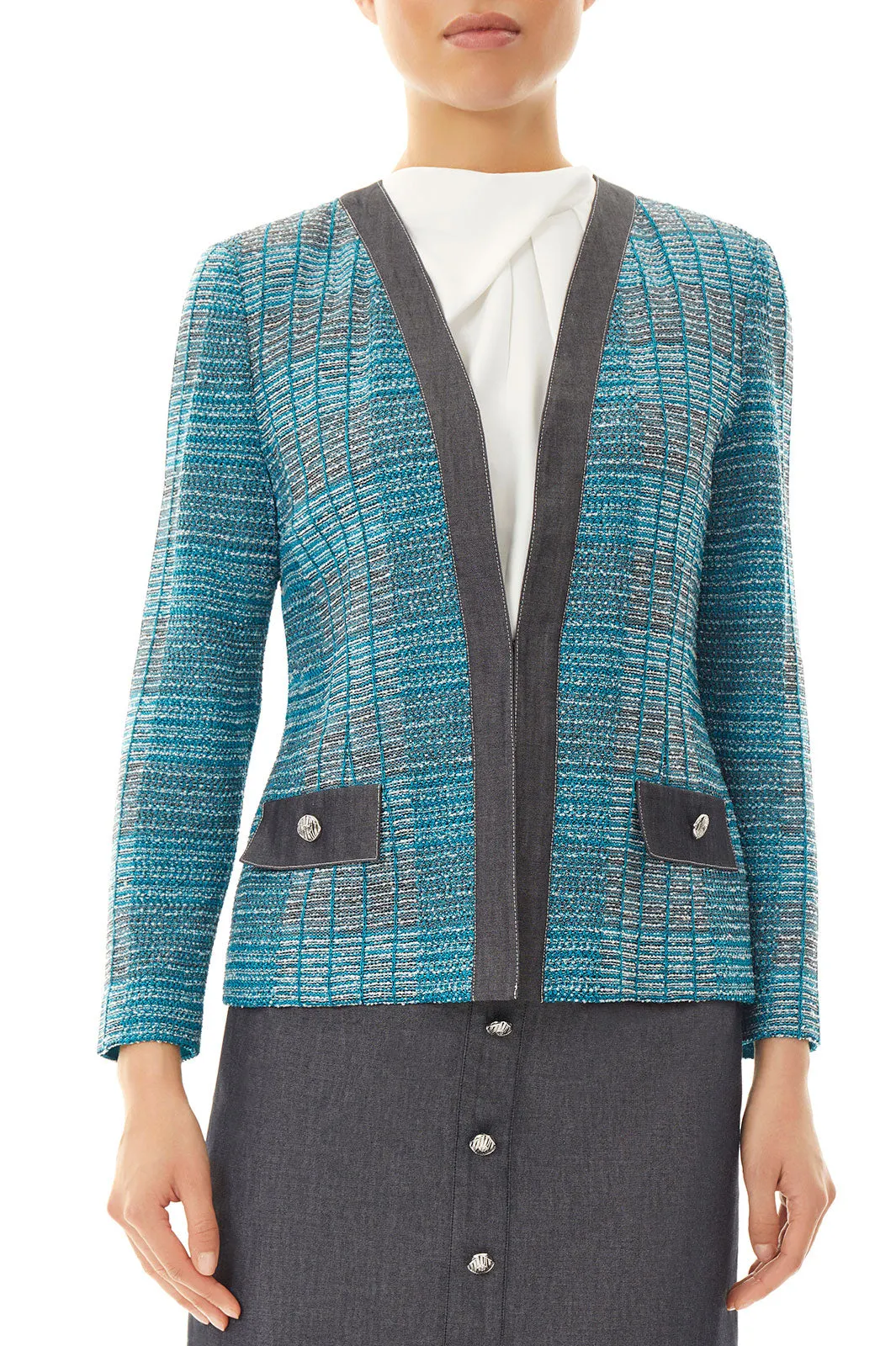 Chambray Trim Tweed Knit Jacket