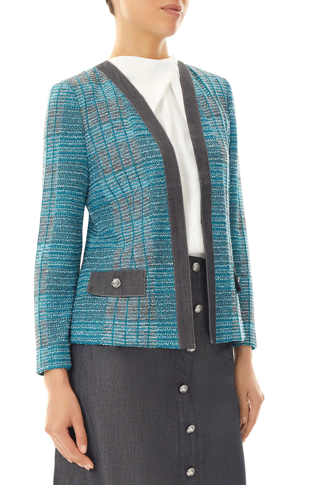 Chambray Trim Tweed Knit Jacket