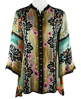 Citron Red Landscape Poppies, Asian Style Vintage Mandarin Collar Silk Tunic