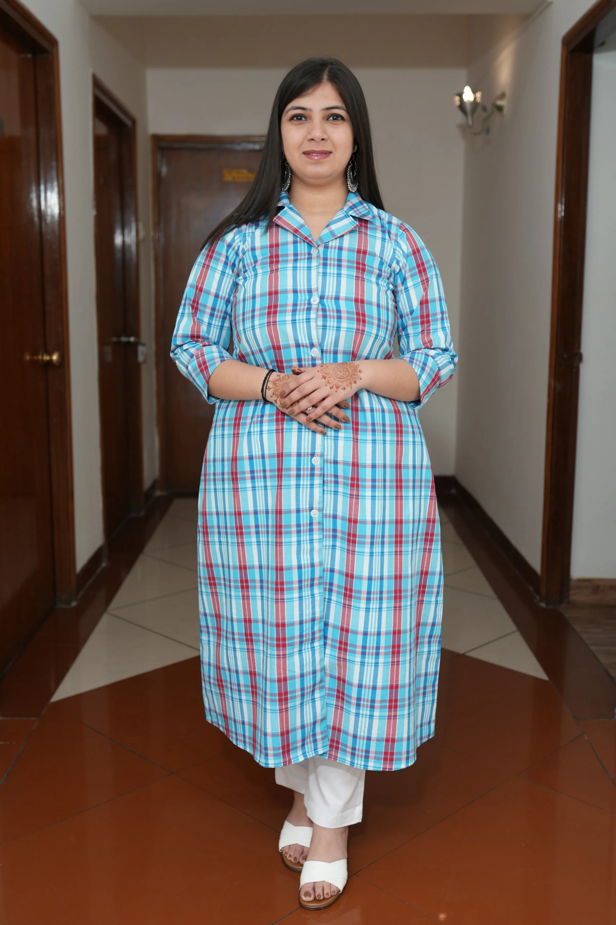 Classic Blue Checked A-Line Kurta