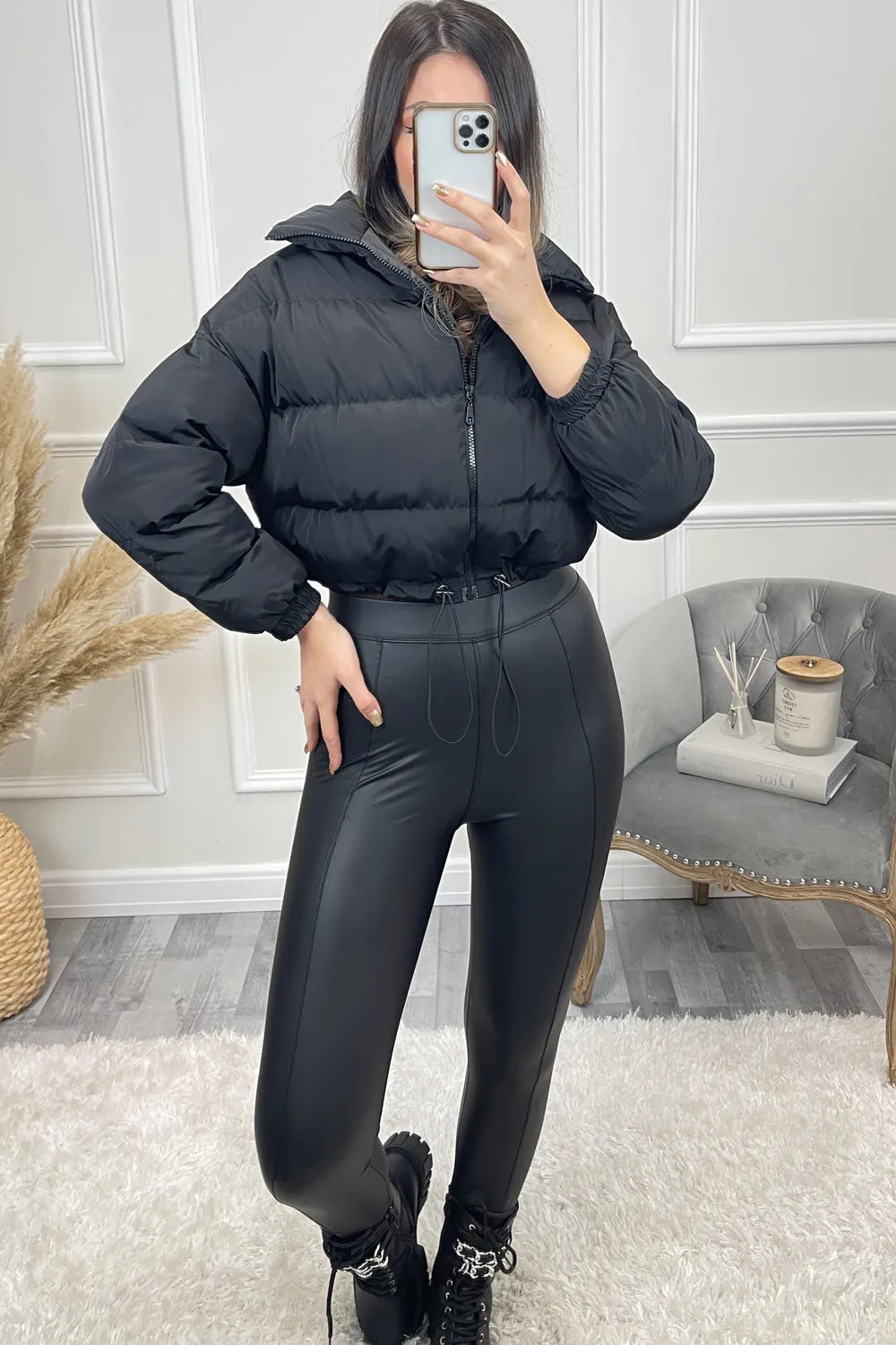 Conni Black Cropped Drawstring Puffer Jacket