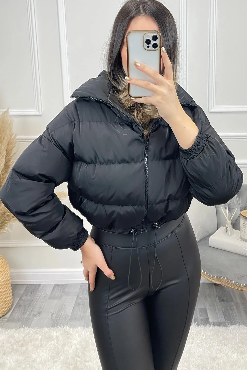 Conni Black Cropped Drawstring Puffer Jacket