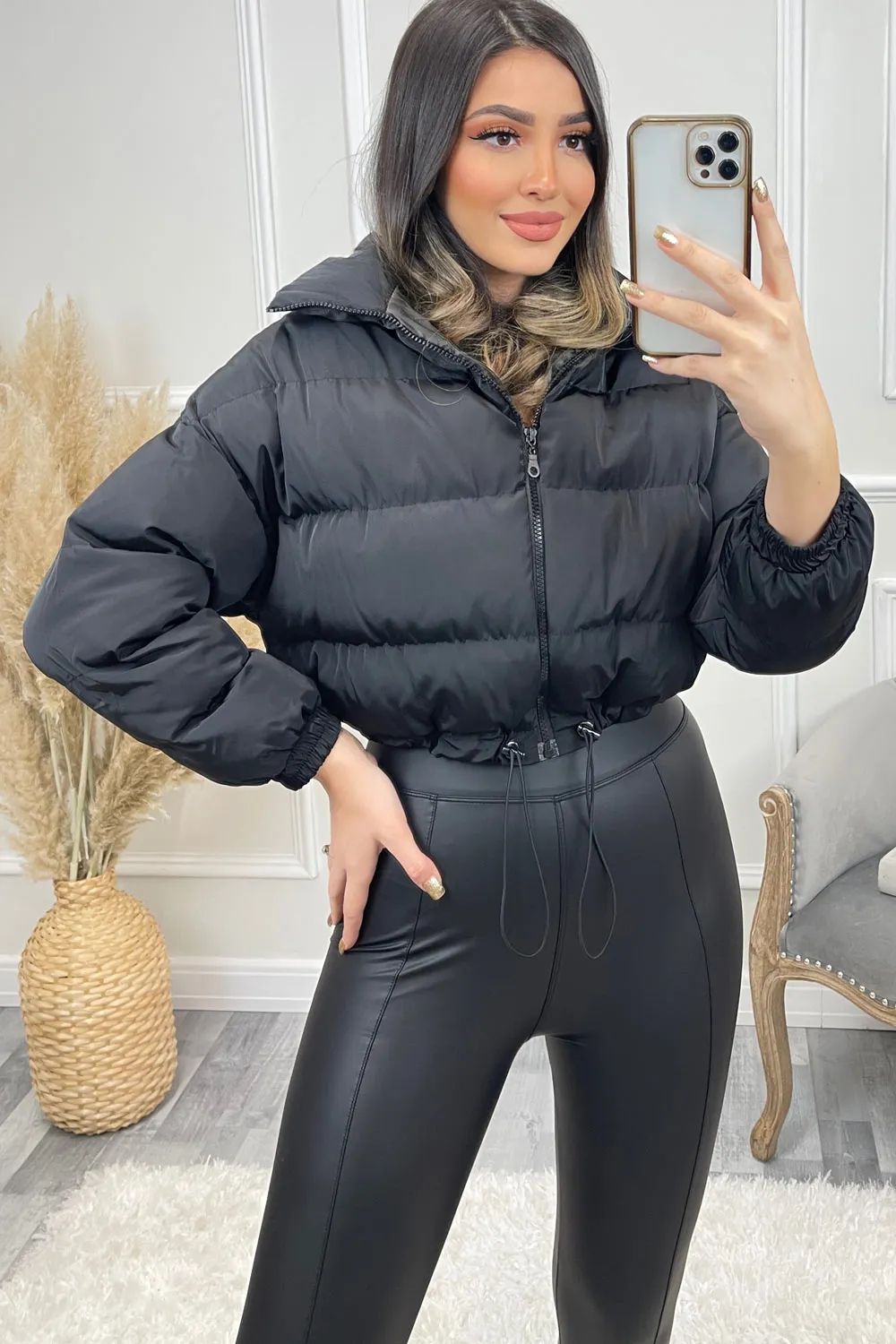 Conni Black Cropped Drawstring Puffer Jacket