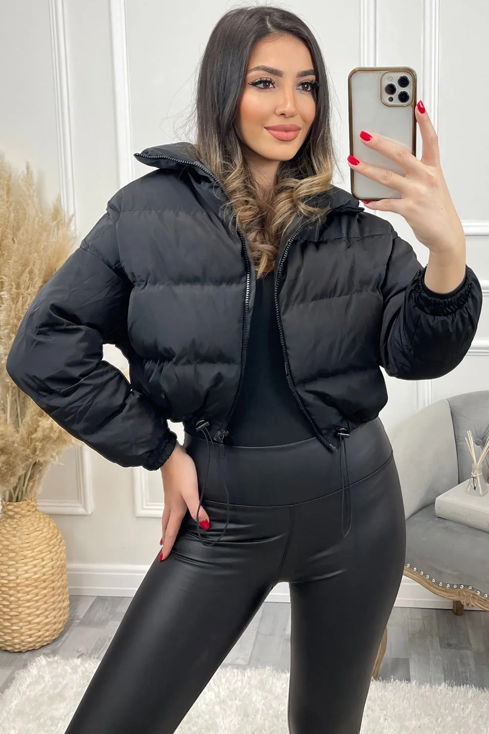 Conni Black Cropped Drawstring Puffer Jacket