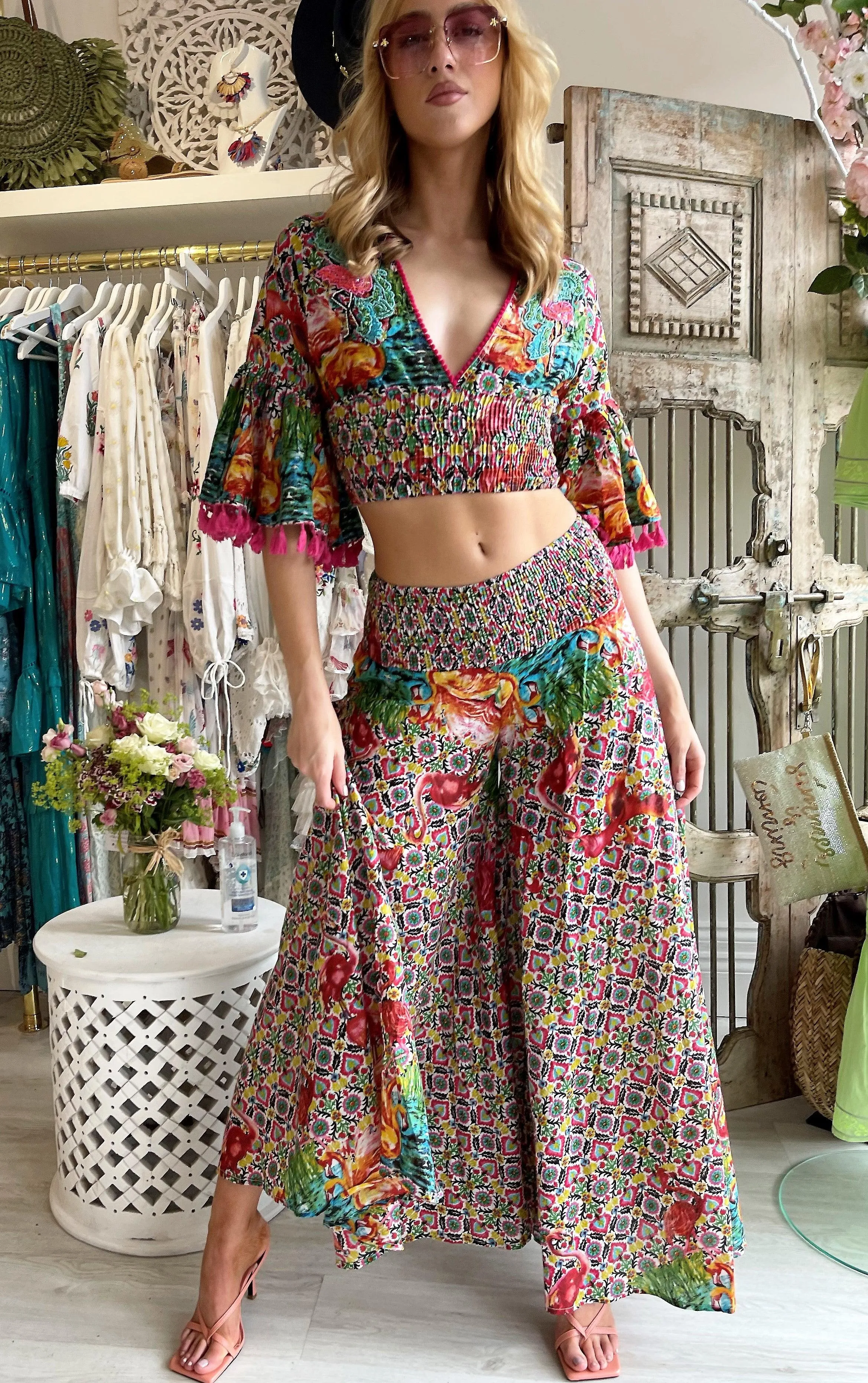 Crop Top & Palazzo Pant Set Flamingo