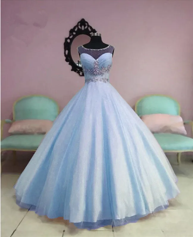 Crystal Beaded Scoop Neckline Tulle Quinceanera Dresses 2019