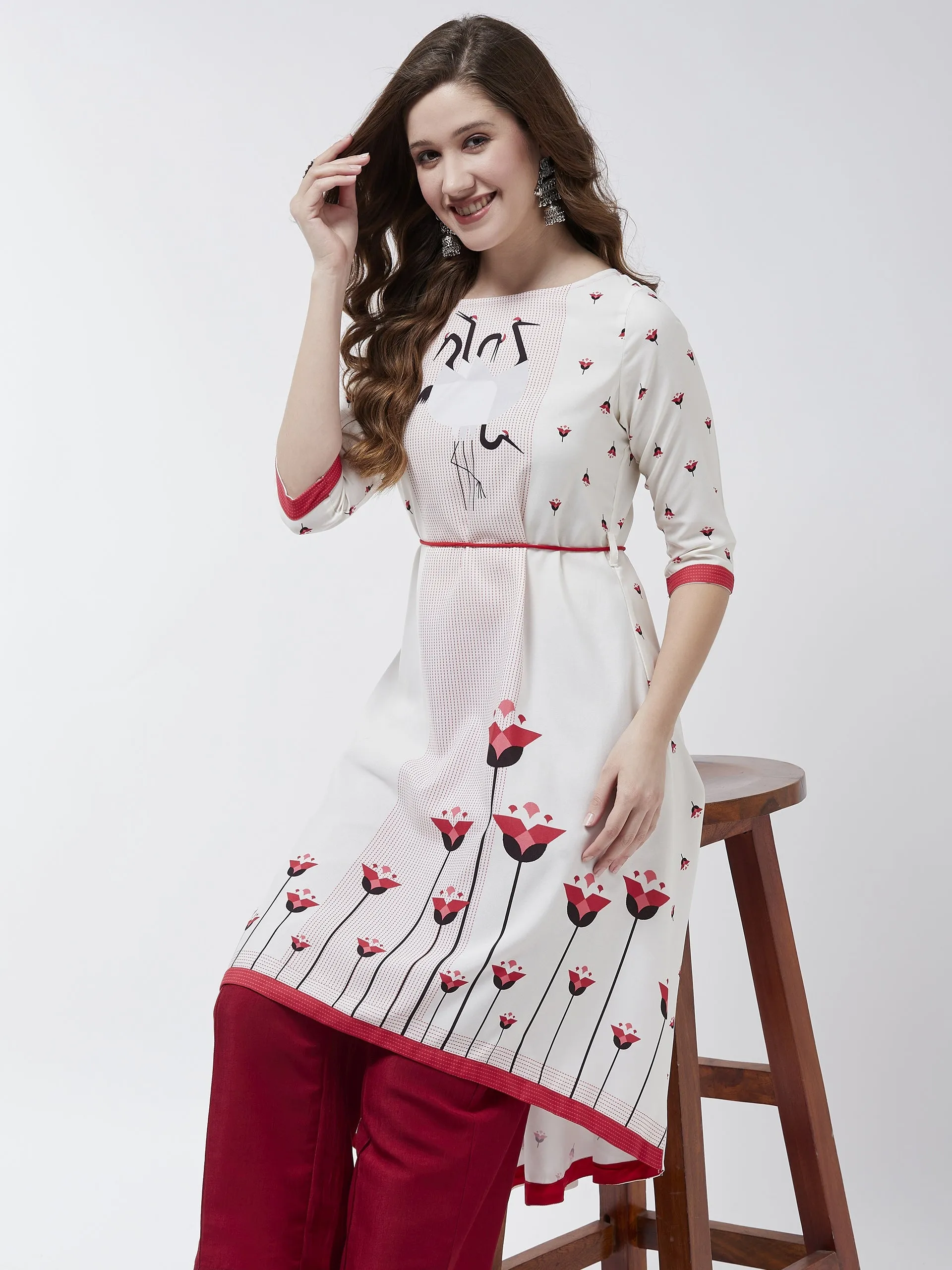 Dori Asymmetric Flamingo Printed Kurta