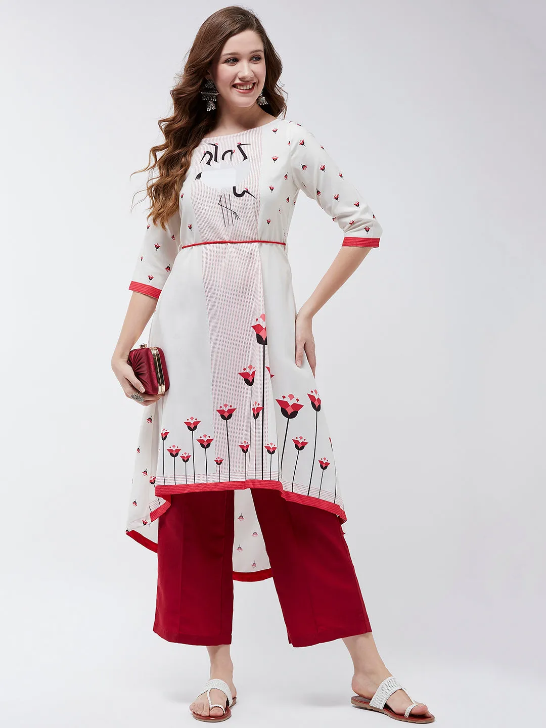 Dori Asymmetric Flamingo Printed Kurta