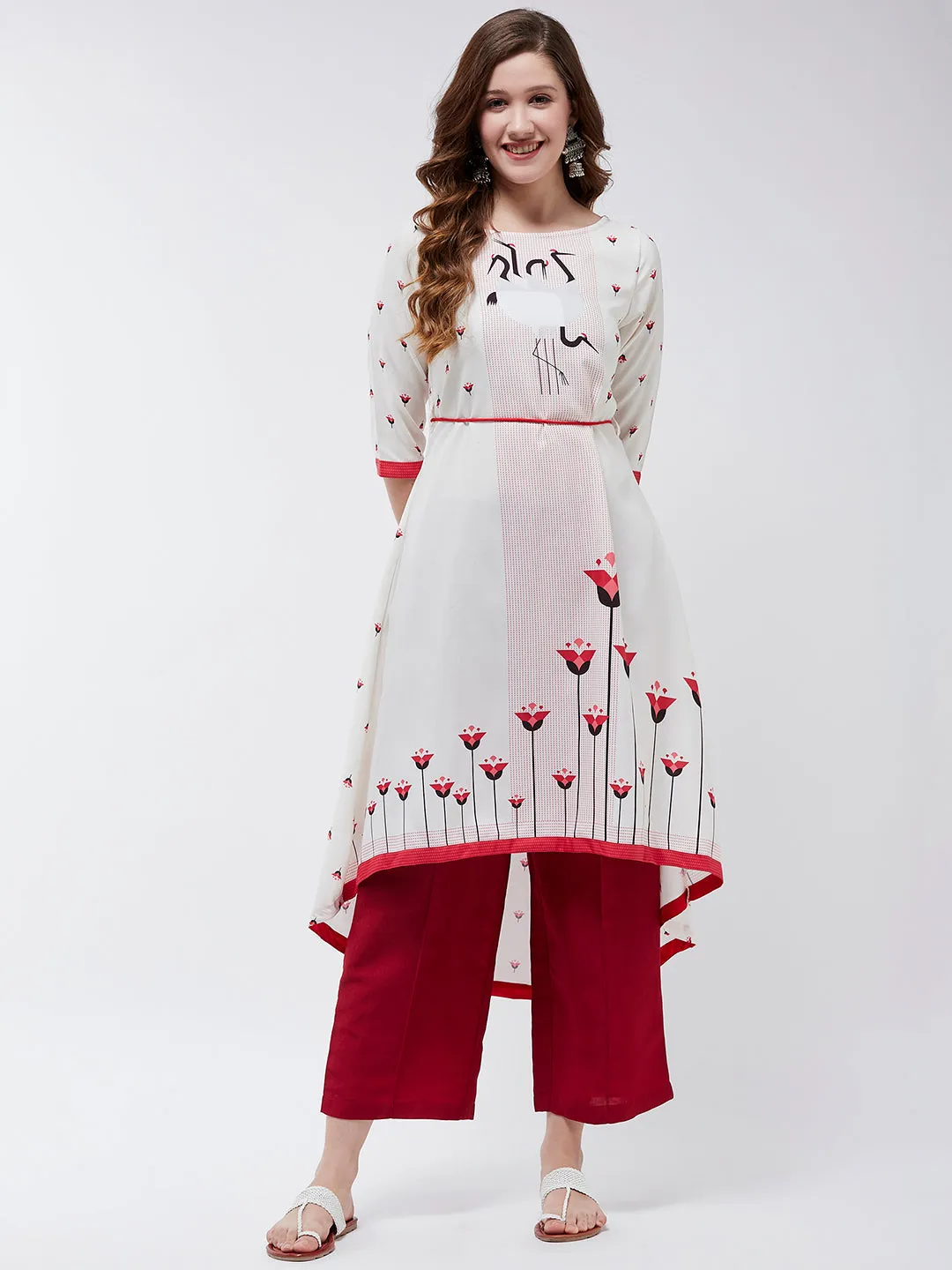 Dori Asymmetric Flamingo Printed Kurta