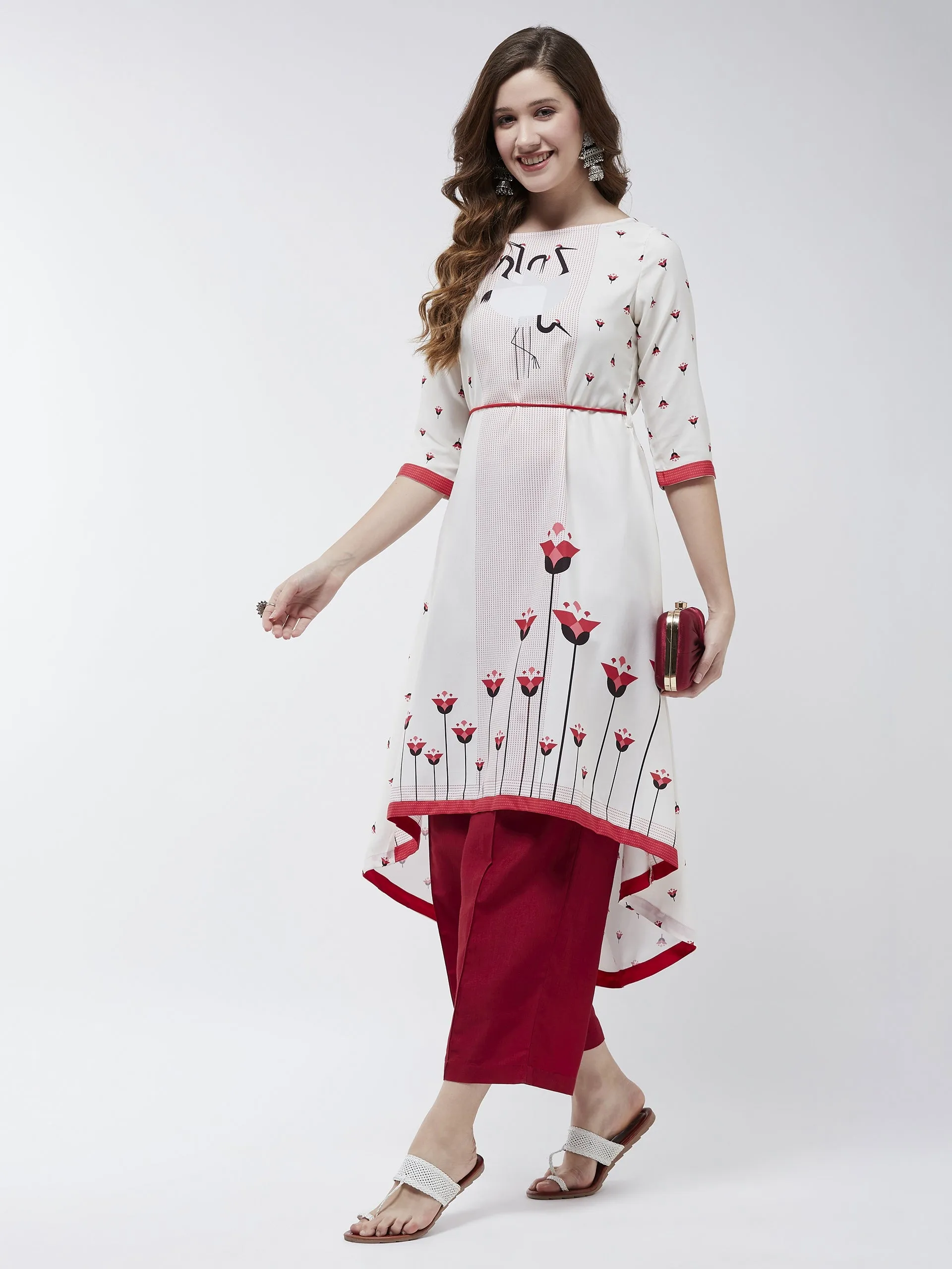 Dori Asymmetric Flamingo Printed Kurta