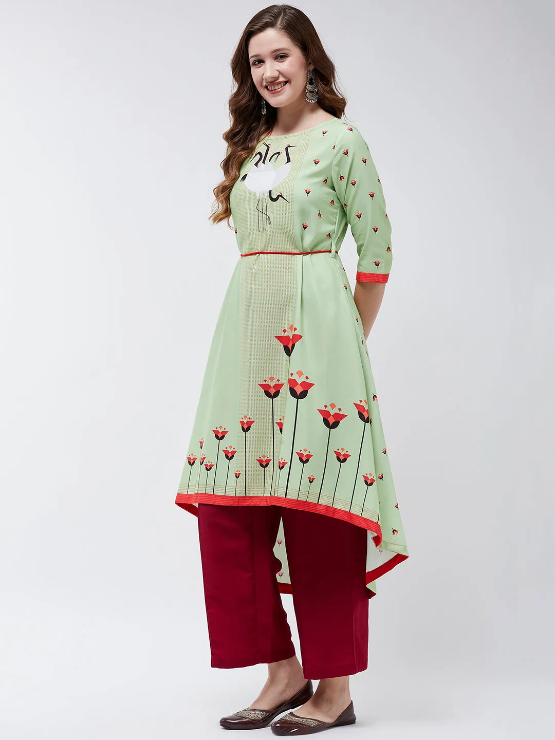 Dori Asymmetric Flamingo Printed Kurta