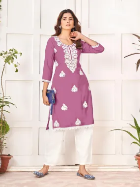 Embroidery Fancy Party wear Purple Chikankari Women's Kurti Palazzo Suit