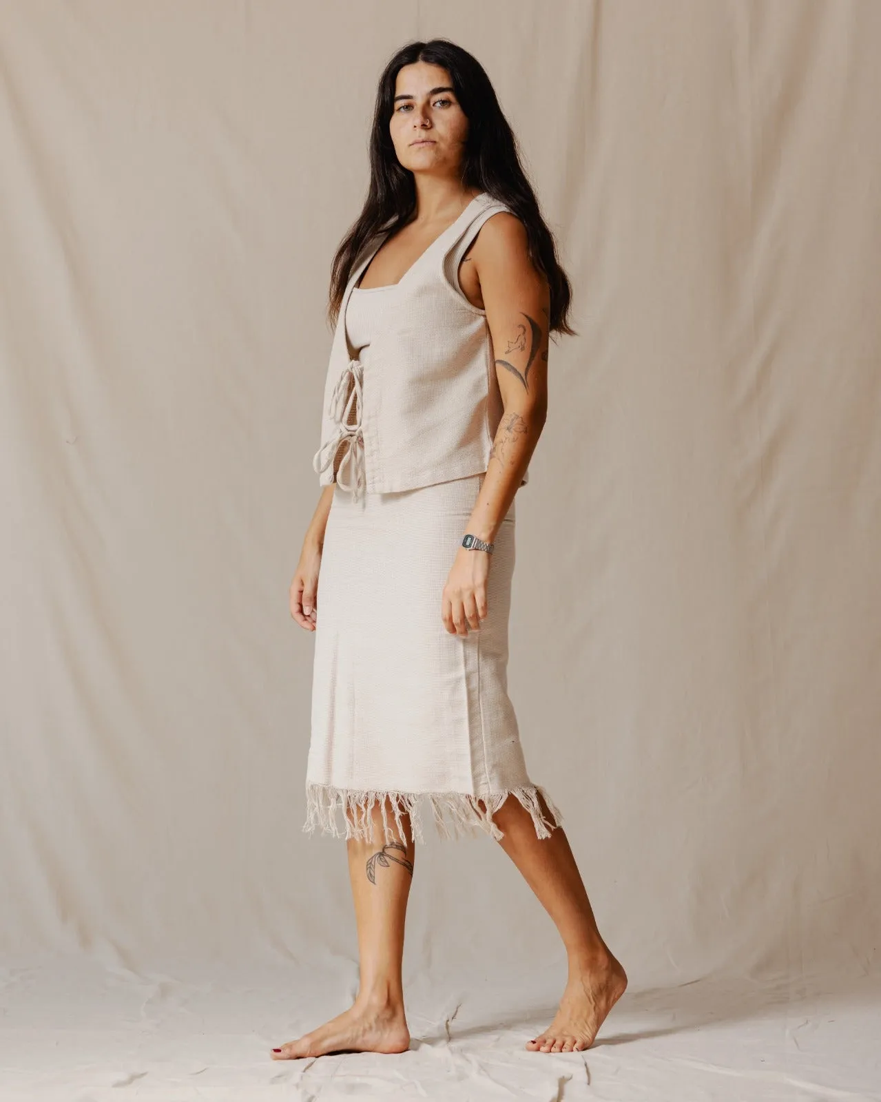 Fringed Boho Skirt Beige