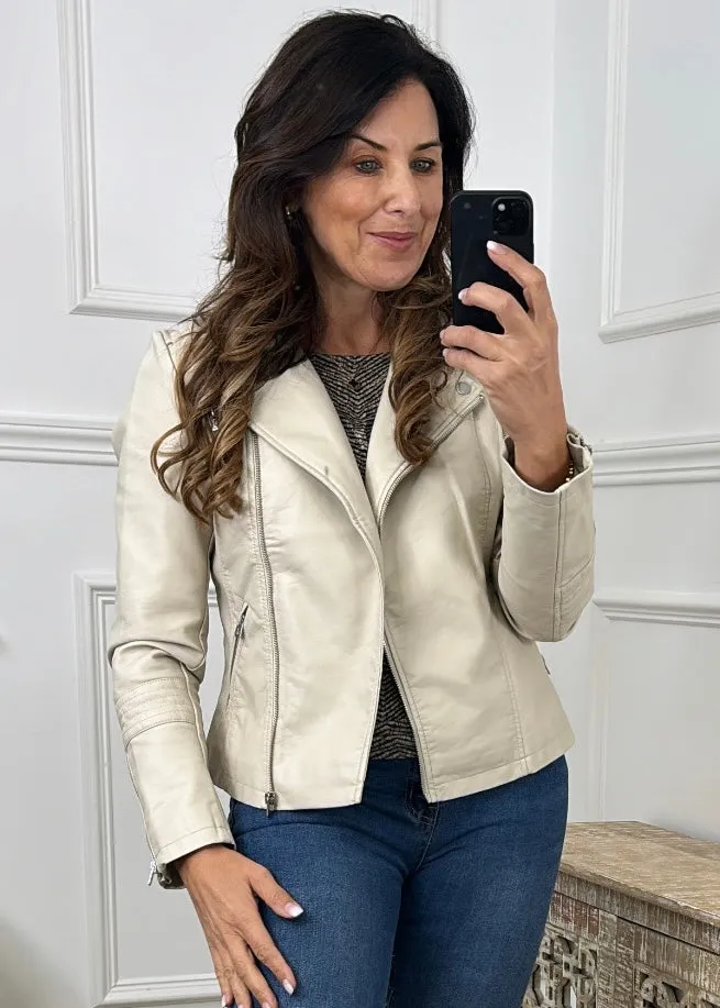 Gemma Beige Silver Lining Biker Jacket