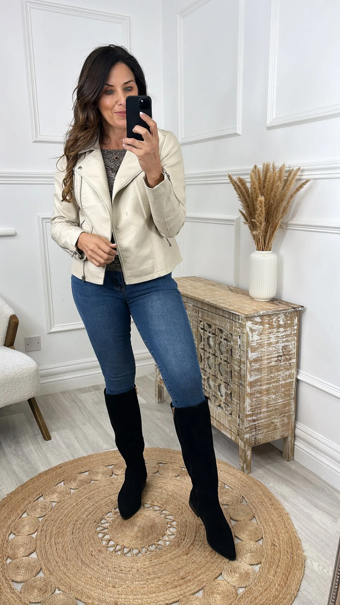 Gemma Beige Silver Lining Biker Jacket