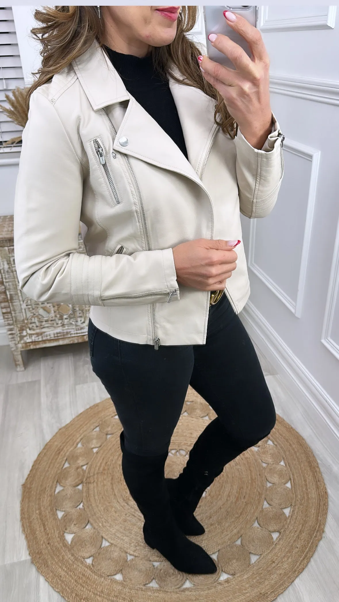 Gemma Beige Silver Lining Biker Jacket