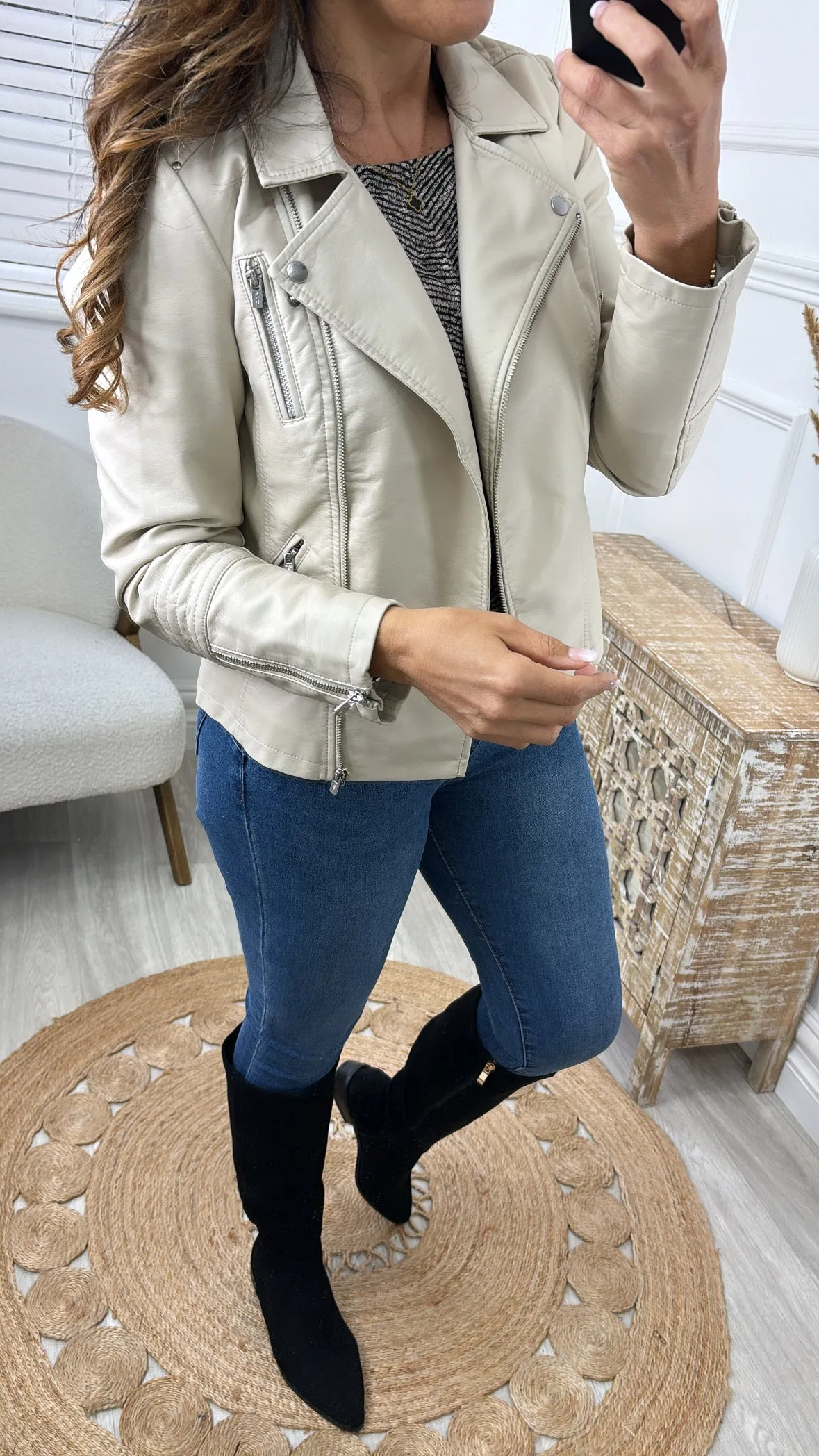 Gemma Beige Silver Lining Biker Jacket