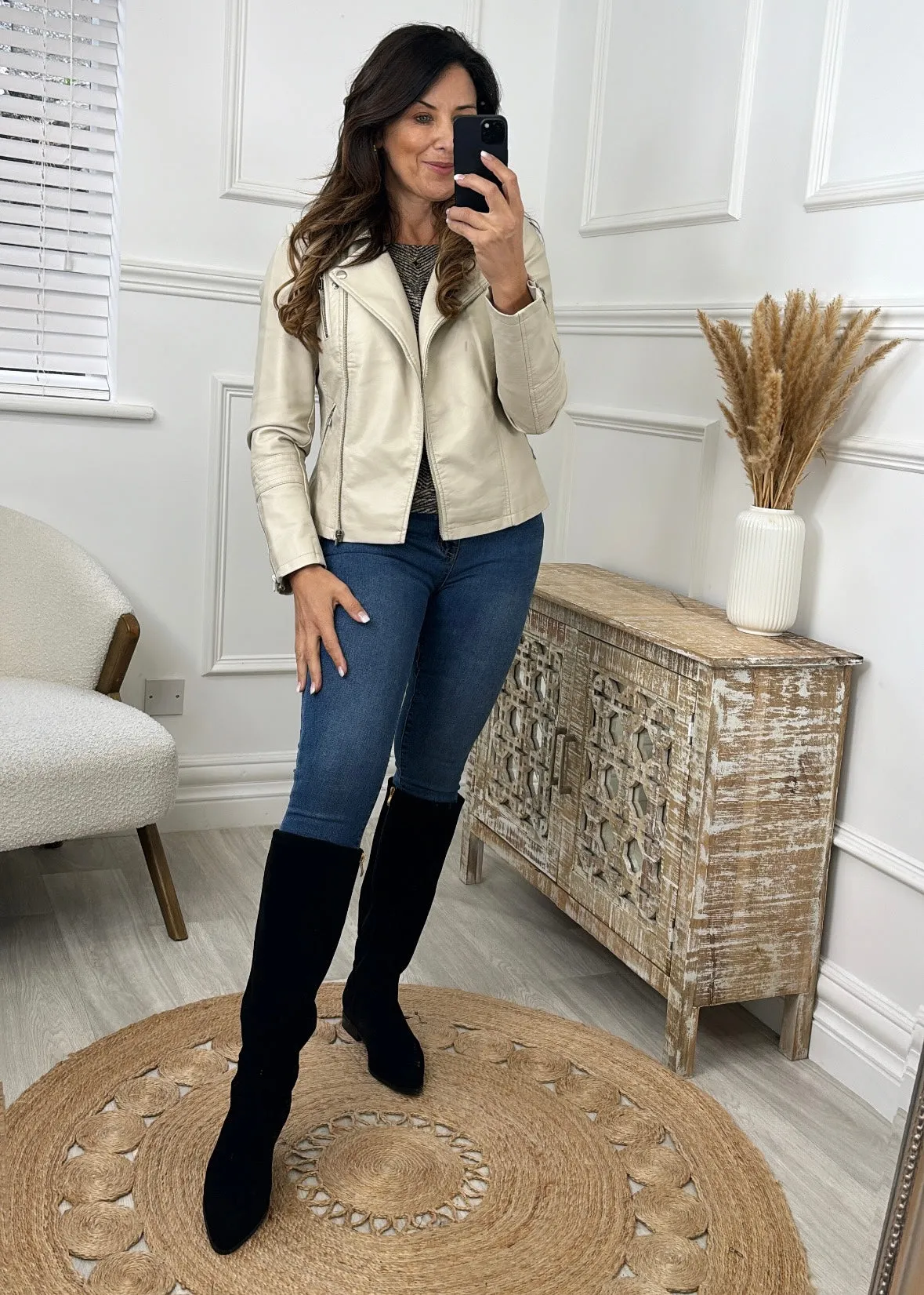 Gemma Beige Silver Lining Biker Jacket