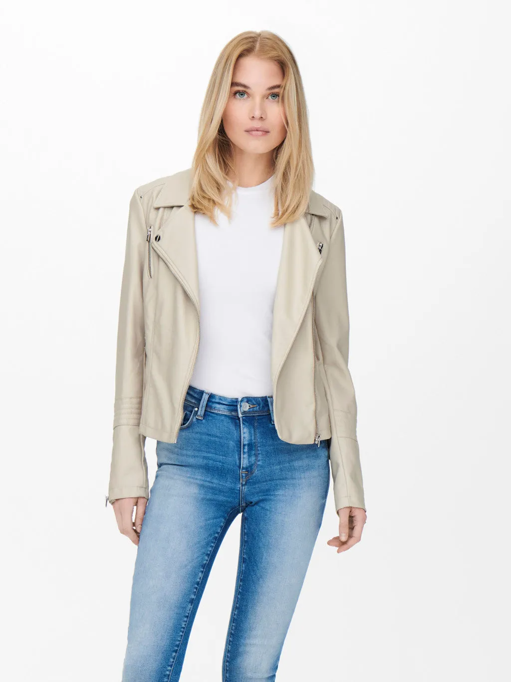 Gemma Beige Silver Lining Biker Jacket