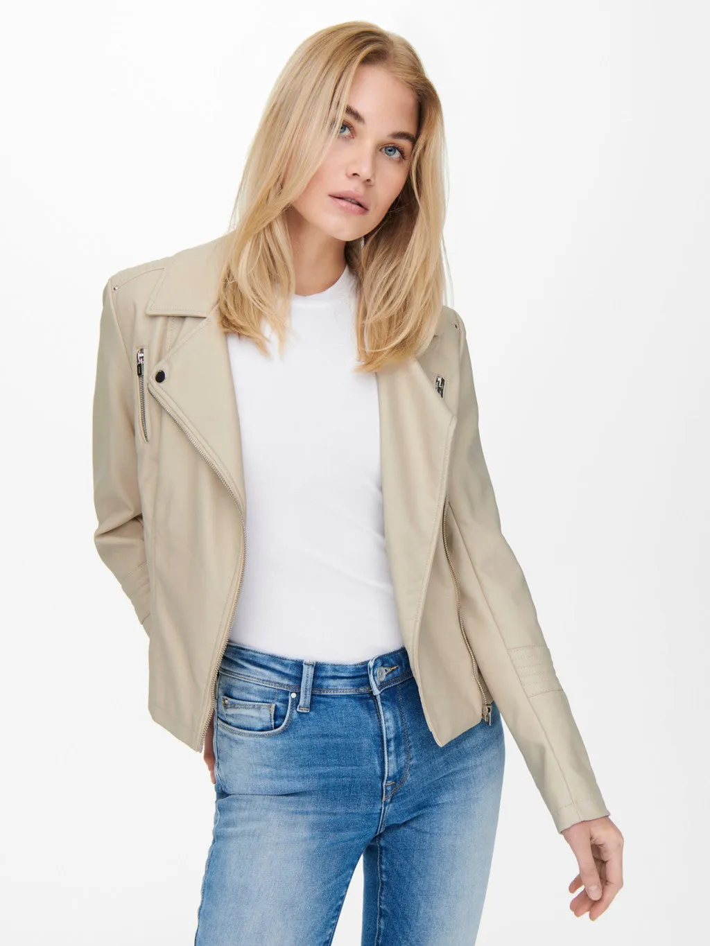 Gemma Beige Silver Lining Biker Jacket