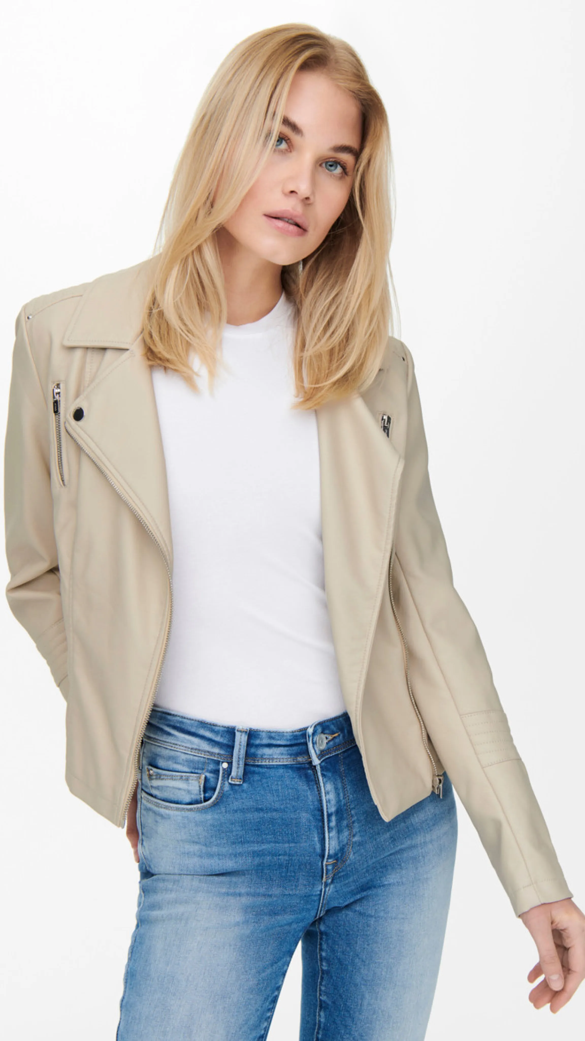 Gemma Beige Silver Lining Biker Jacket