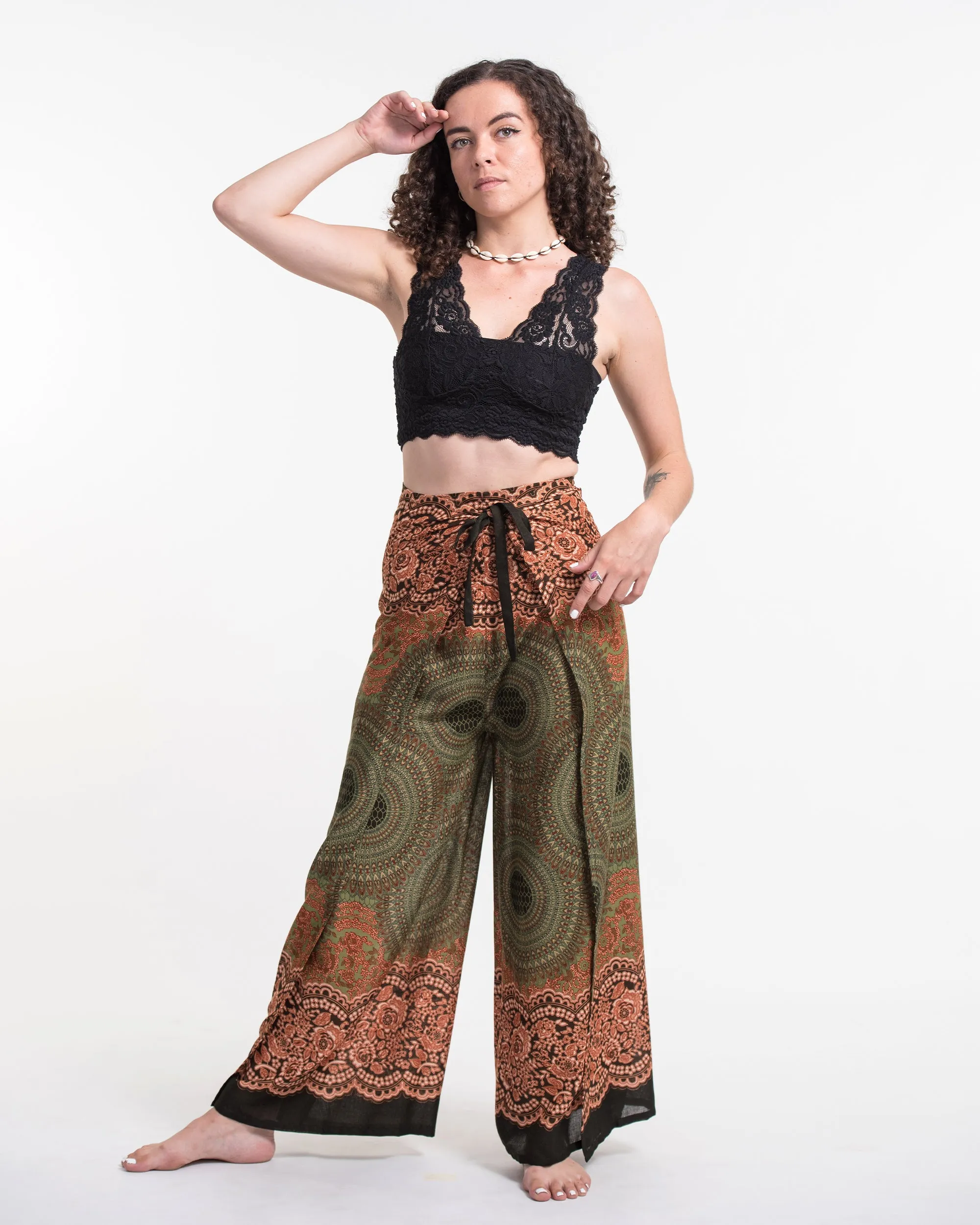 Geometric Mandalas Wrap Palazzo Style Harem Pants in Olive