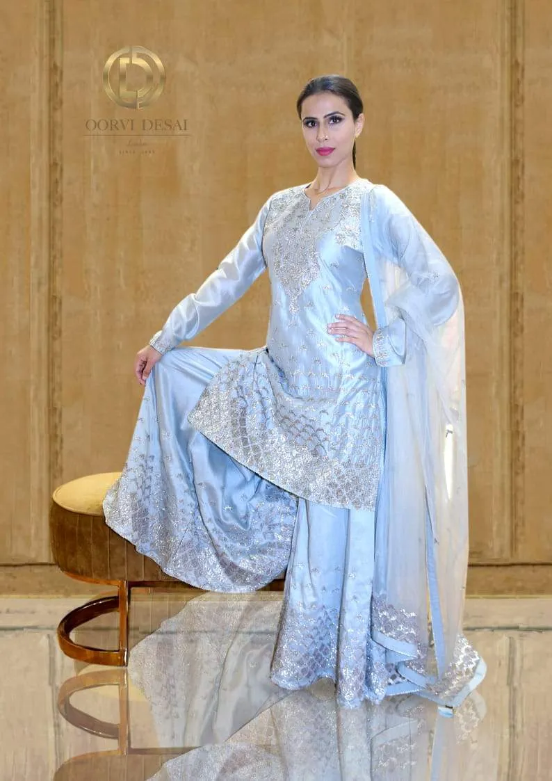 Grey Palazzo set with Shimmer Scallop Embroidery by Oorvi Desai